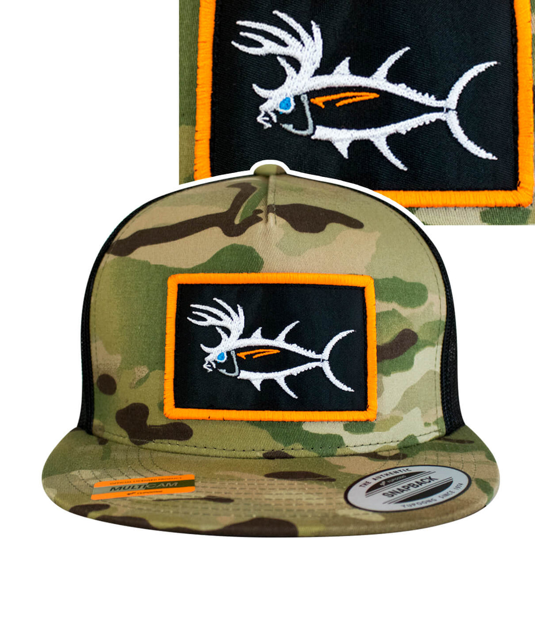 Buck-Eye Patch unisex snapback trucker hat with camo design and embroidered fish logo