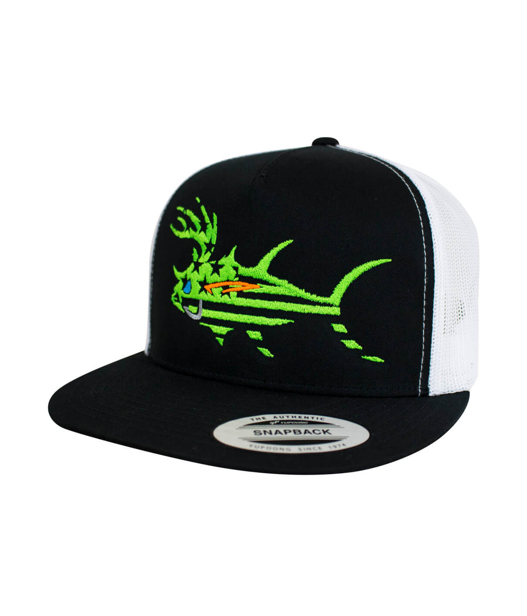 Black and white unisex snapback hat featuring colorful fish embroidery, perfect for fishing enthusiasts.