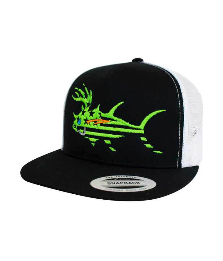 Black and white unisex snapback hat featuring colorful fish embroidery, perfect for fishing enthusiasts.