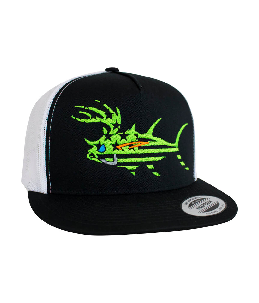 Black and white snapback trucker hat with vibrant fish embroidery design for outdoor enthusiasts.