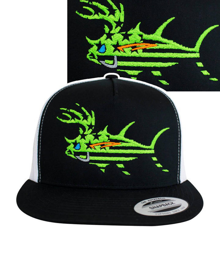 NICERIDE Buck-Eye Faded Glory unisex snapback trucker hat featuring vibrant fish embroidery.