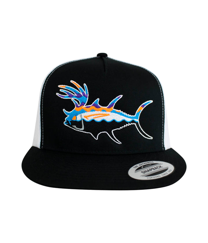 Black "Buck-Eye Explorer" Unisex Snapback Trucker Hat featuring colorful fish design, perfect fishing hat for men and women.