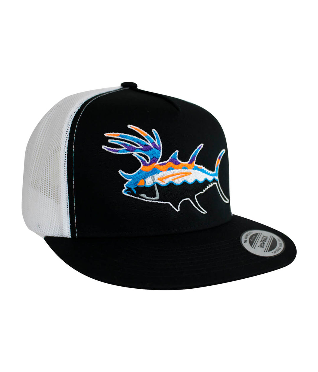 Black and white unisex snapback trucker hat with colorful fish design, ideal for fishing and outdoor activities.