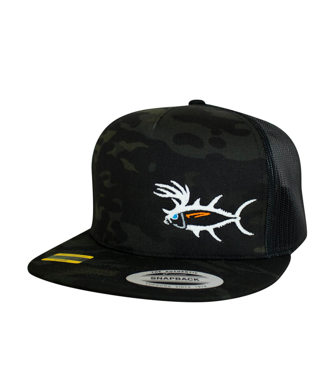 Buck-Eye LP Evening Glow unisex snapback trucker hat with embroidered fish design and camouflage pattern.