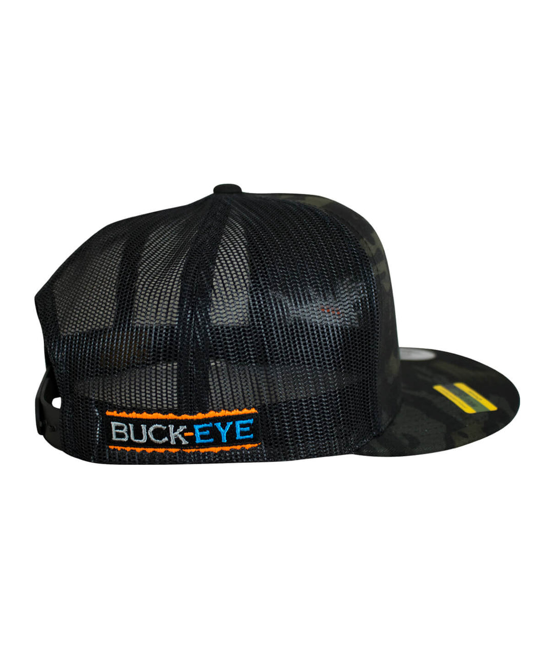 Side view of the Buck-Eye LP Evening Glow unisex snapback trucker hat featuring black mesh and vibrant embroidered logo.