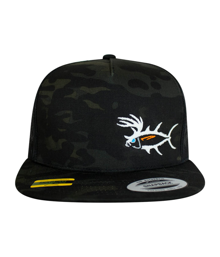 Black camo snapback trucker hat featuring an embroidered fish design, perfect for outdoor adventures.