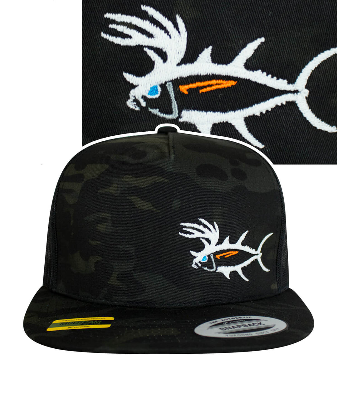 Buck-Eye LP Evening Glow Unisex Snapback Trucker Hat with embroidered fish design on a black camo background.