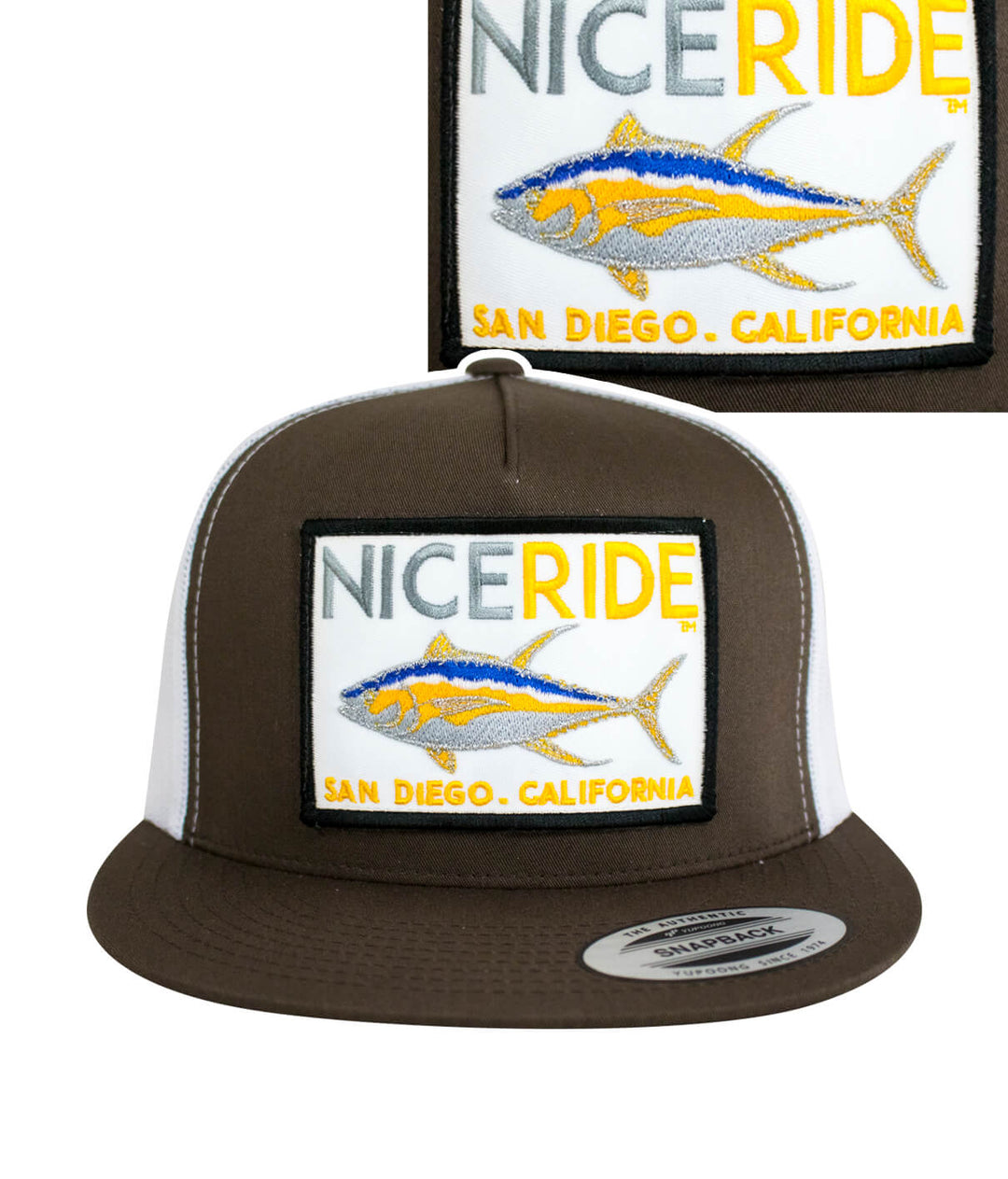NICE RIDE embroidered patch on brown trucker hat featuring a fish design and San Diego text.