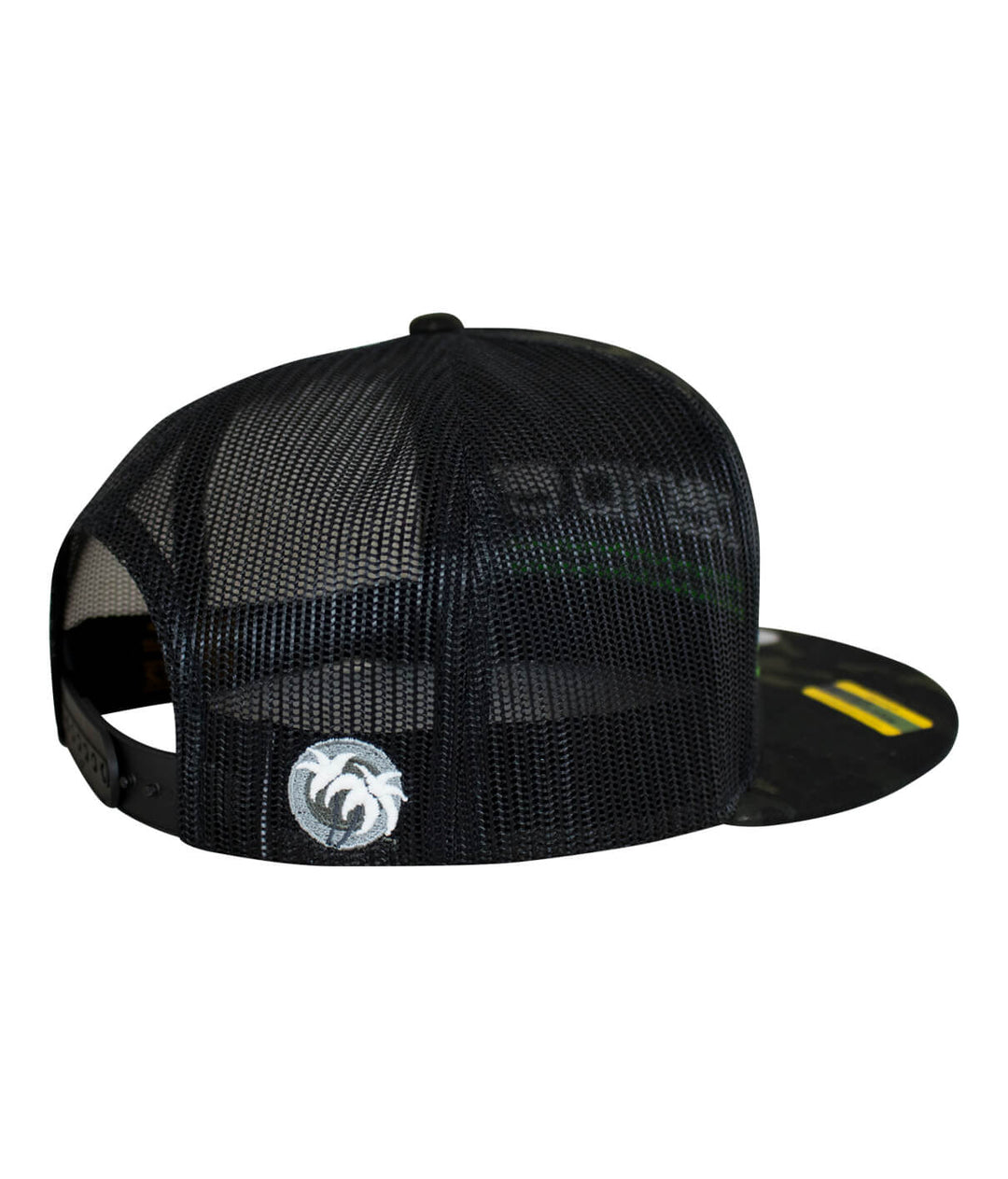 Back view of On The Water - Center Trucker Baseball Cap, showing black mesh and palm logo embroidery.