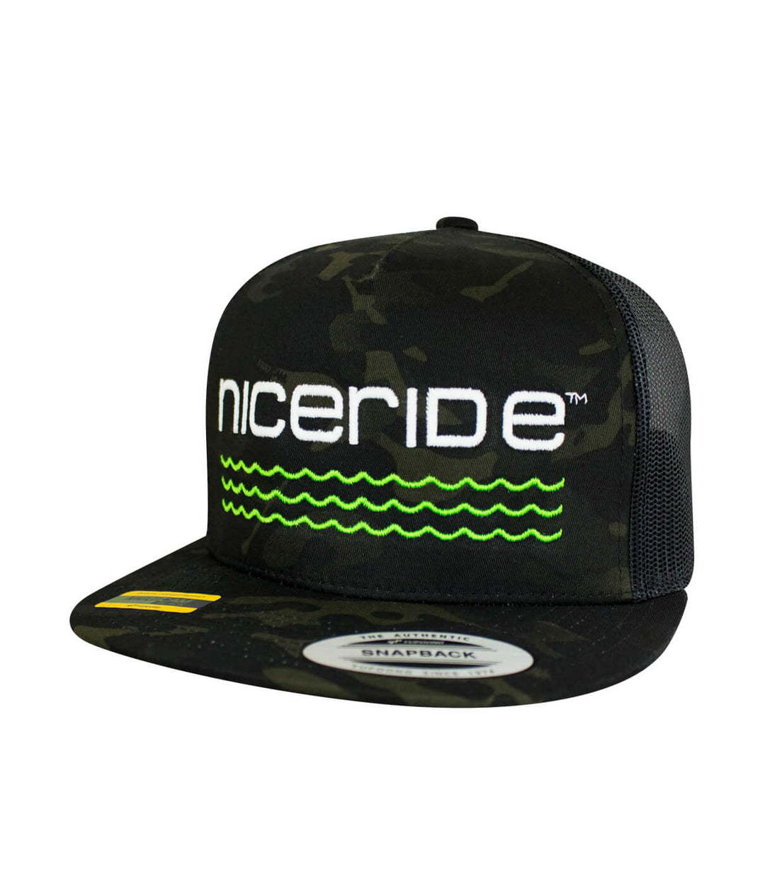On The Water - Center trucker hat featuring NICERIDE design and camo pattern, perfect for outdoor adventures.
