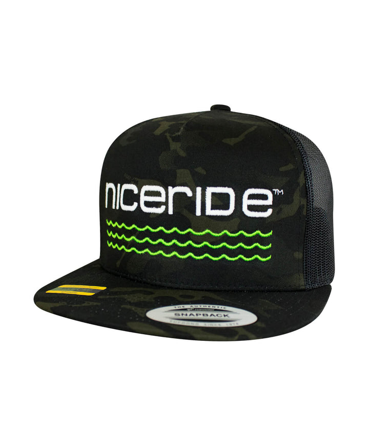On The Water - Center trucker hat featuring NICERIDE design and camo pattern, perfect for outdoor adventures.