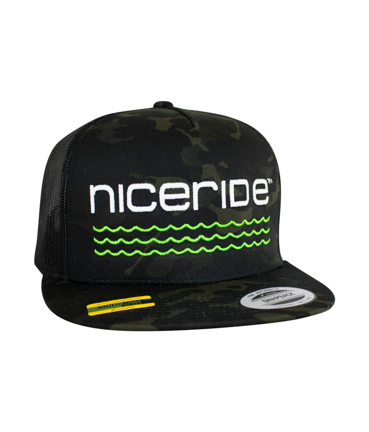 On The Water - Center Trucker Baseball Cap featuring NICERIDE logo and camouflage design, perfect hat for outdoor adventures.