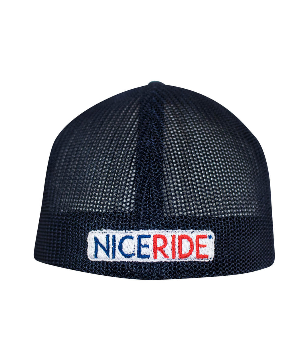 Back view of NICERIDE Flexfit hat showcasing the embroidered logo and meshback design.