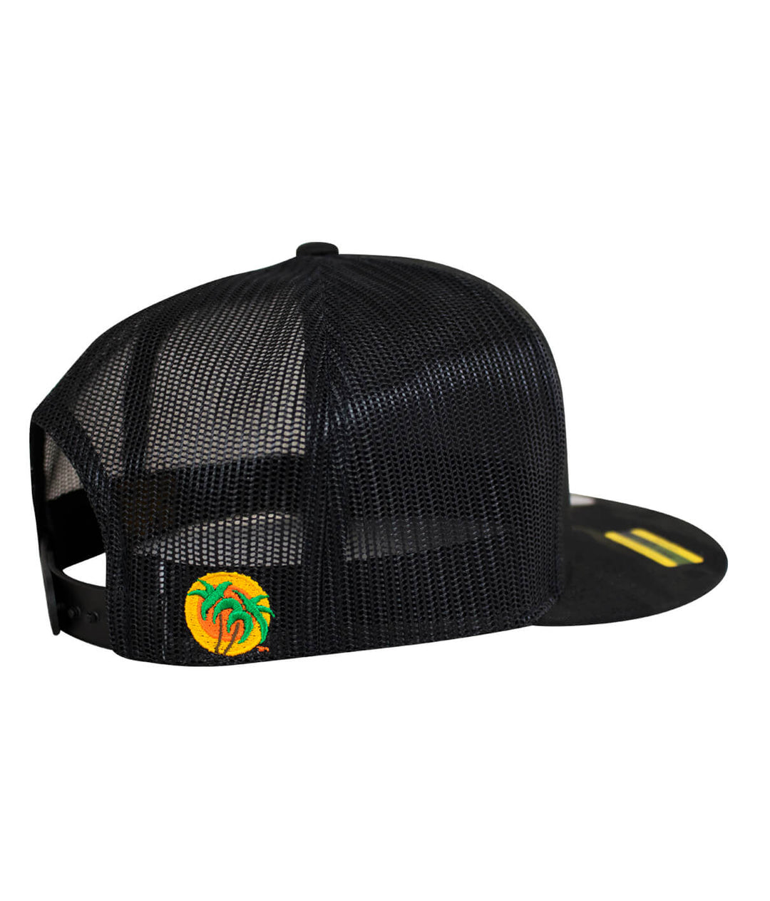 The Badge trucker hat featuring NICERIDE design, embroidered palm logo, and classic snapback style.