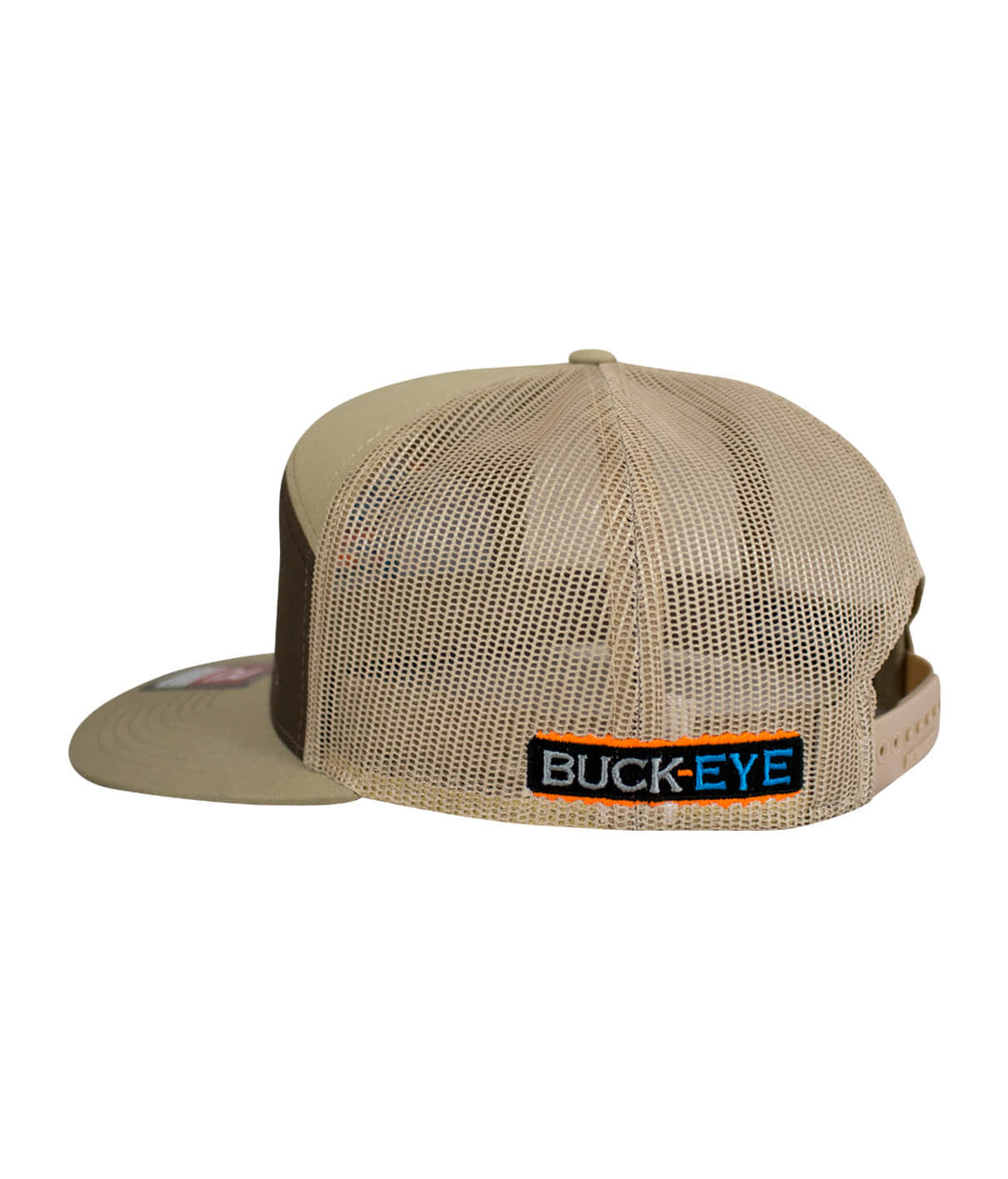 Back view of BUCK-EYE explorer 7 panel trucker hat, showcasing mesh design and embroidered logo.