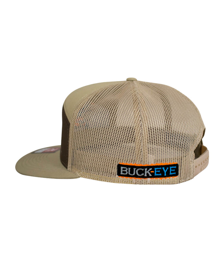 Back view of BUCK-EYE explorer 7 panel trucker hat, showcasing mesh design and embroidered logo.