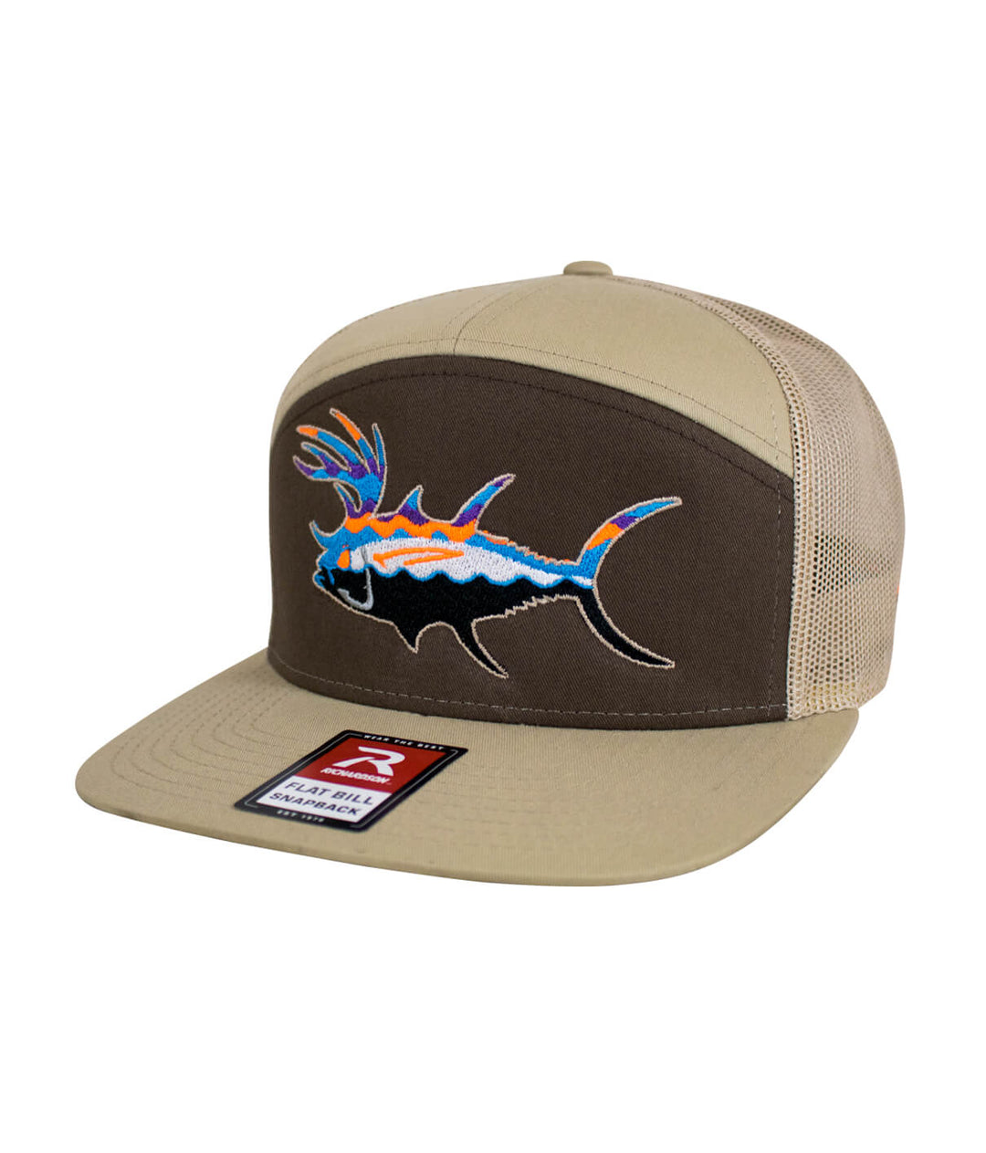BUCK- EYE hat featuring colorful fish embroidery on front with mesh back, perfect for outdoor adventures.