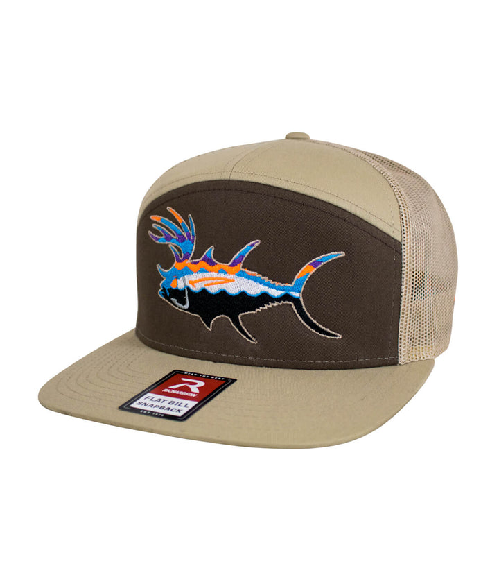 BUCK- EYE hat featuring colorful fish embroidery on front with mesh back, perfect for outdoor adventures.
