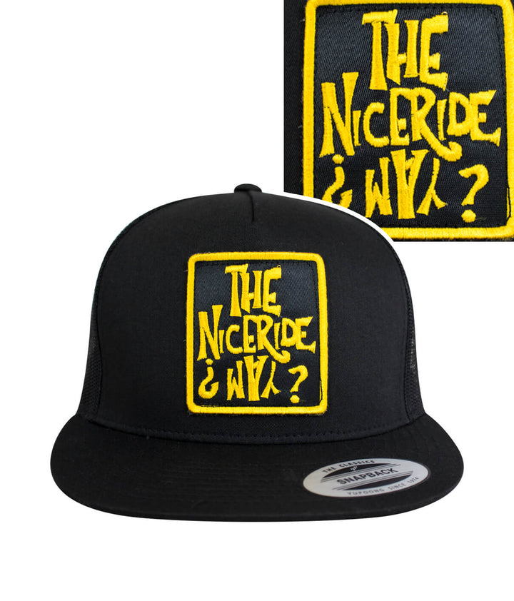 NICERIDE WAY Trucker Hat featuring embroidered patch and classic palm logo, perfect for stylish hat lovers.