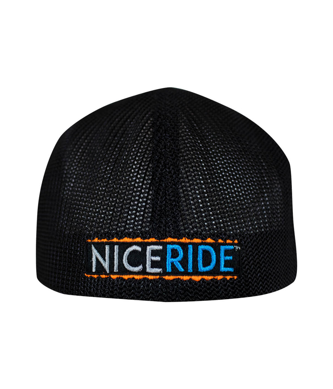 Back view of the Buck-Eye meshback flexfit hat featuring NICERIDE logo in blue and orange embroidery.
