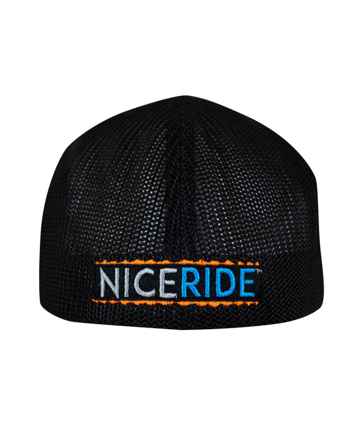 Back view of the Buck-Eye meshback flexfit hat featuring NICERIDE logo in blue and orange embroidery.