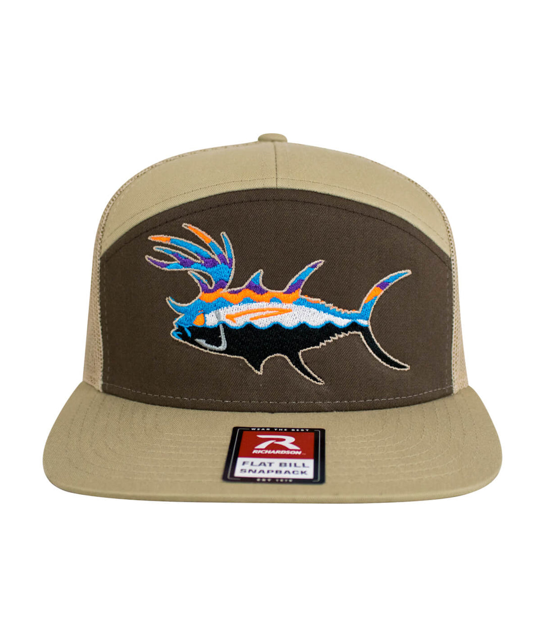 BUCK- EYE hat featuring colorful embroidered fish design on a brown and tan trucker cap.