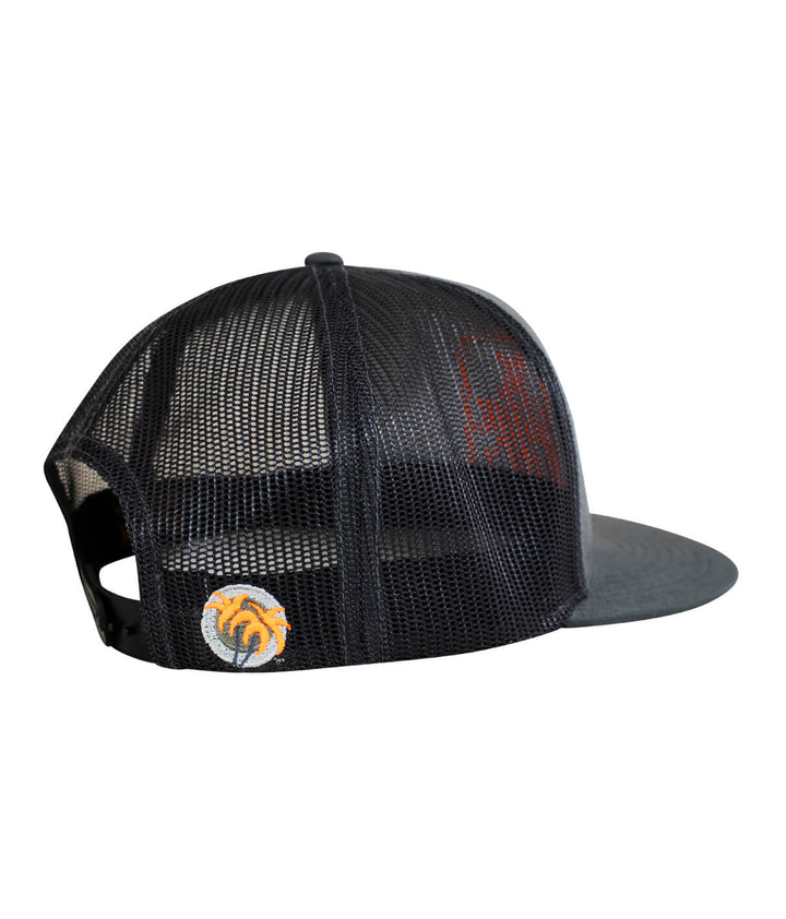 Back view of NICERIDE WAY trucker hat showing mesh design and palm logo embroidery.