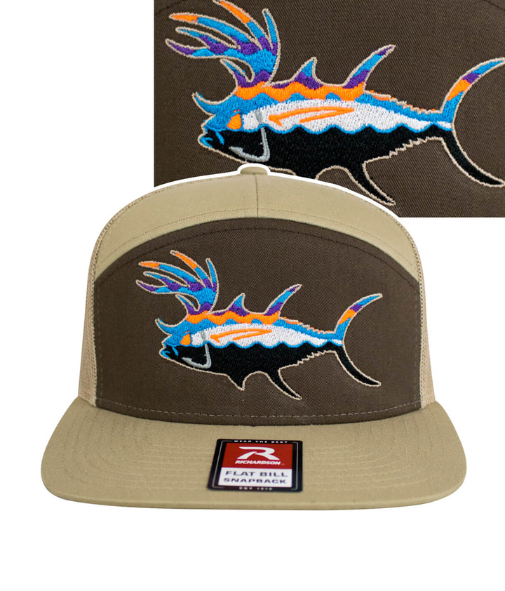 BUCK- EYE hat with colorful fish embroidery on a flat bill trucker cap.