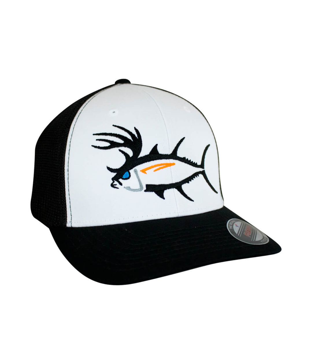 Buck-Eye meshback flexfit hat featuring a fish design in black and white, ideal for fishing and outdoor activities.