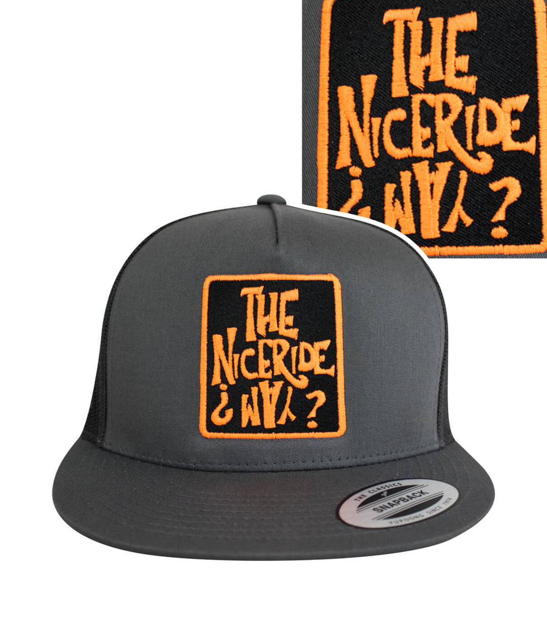 NICERIDE WAY trucker hat featuring orange embroidery on a gray snapback, perfect stylish hat for casual wear.
