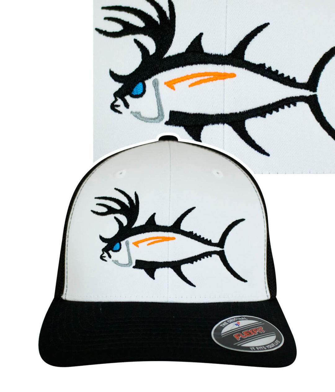 Buck-Eye meshback flexfit hat featuring a bold fish design, perfect for fishing and outdoor activities.