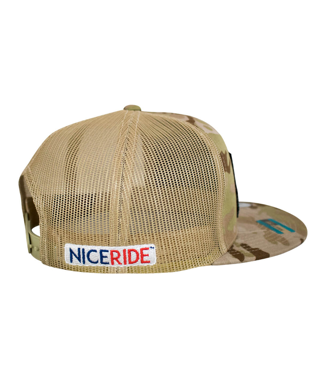Back view of NICERIDE Pride Patch snapback trucker hat with camo print and breathable mesh.