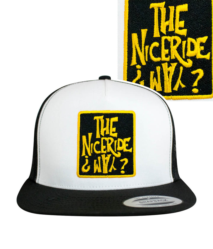 NICERIDE WAY hat featuring an embroidered patch with yellow text on a white front panel and black mesh sides.