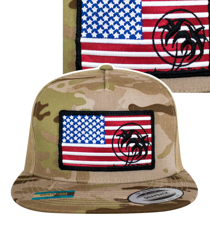 Camouflage trucker hat featuring an embroidered American flag design with palm trees.