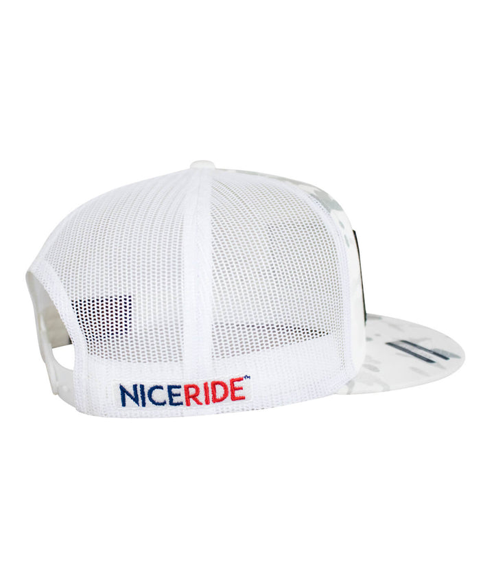 Back view of the NICERIDE Pride Patch snapback trucker hat showing breathable mesh and logo detail.