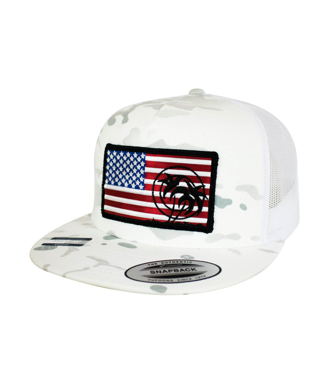 NICERIDE Pride Patch trucker hat featuring an embroidered American flag design on a white camo background.