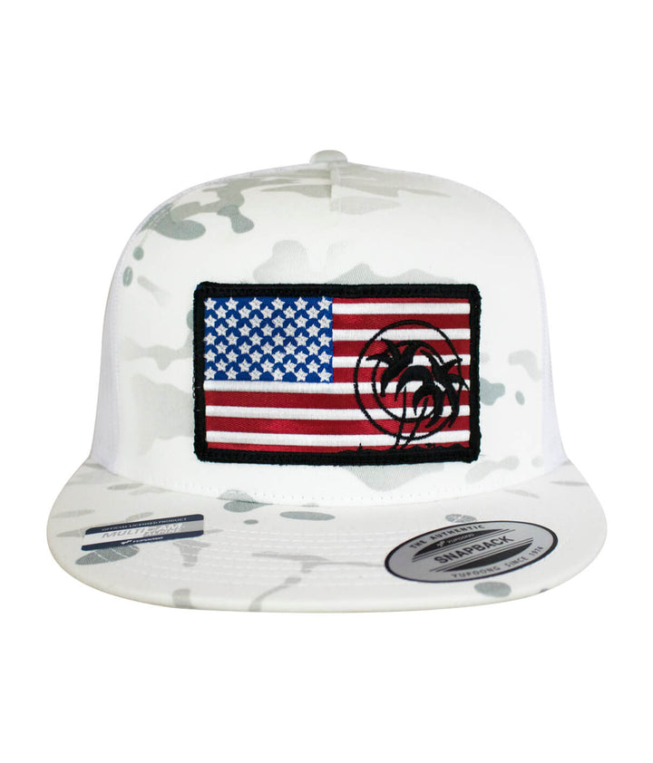 White camo trucker hat with American flag and palm tree emblem on front panel.