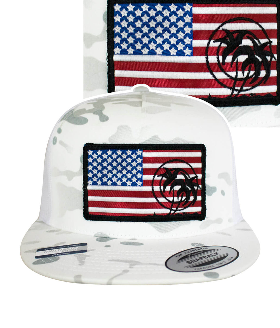 American flag patch trucker hat with palm tree design on white camouflage backdrop.