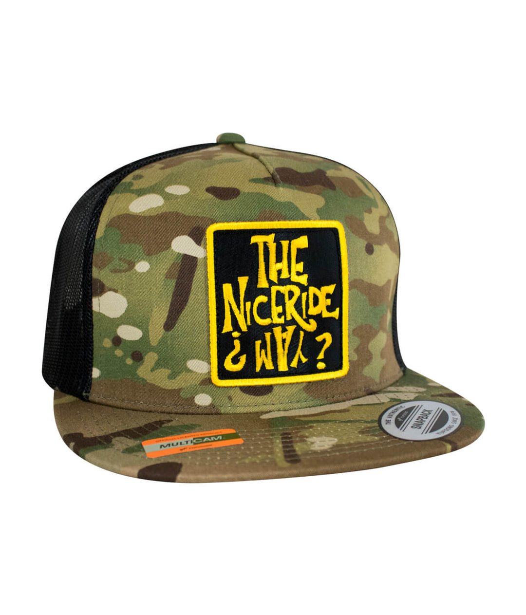 NICERIDE WAY trucker hat with black mesh back, camouflage pattern, and embroidered patch design.