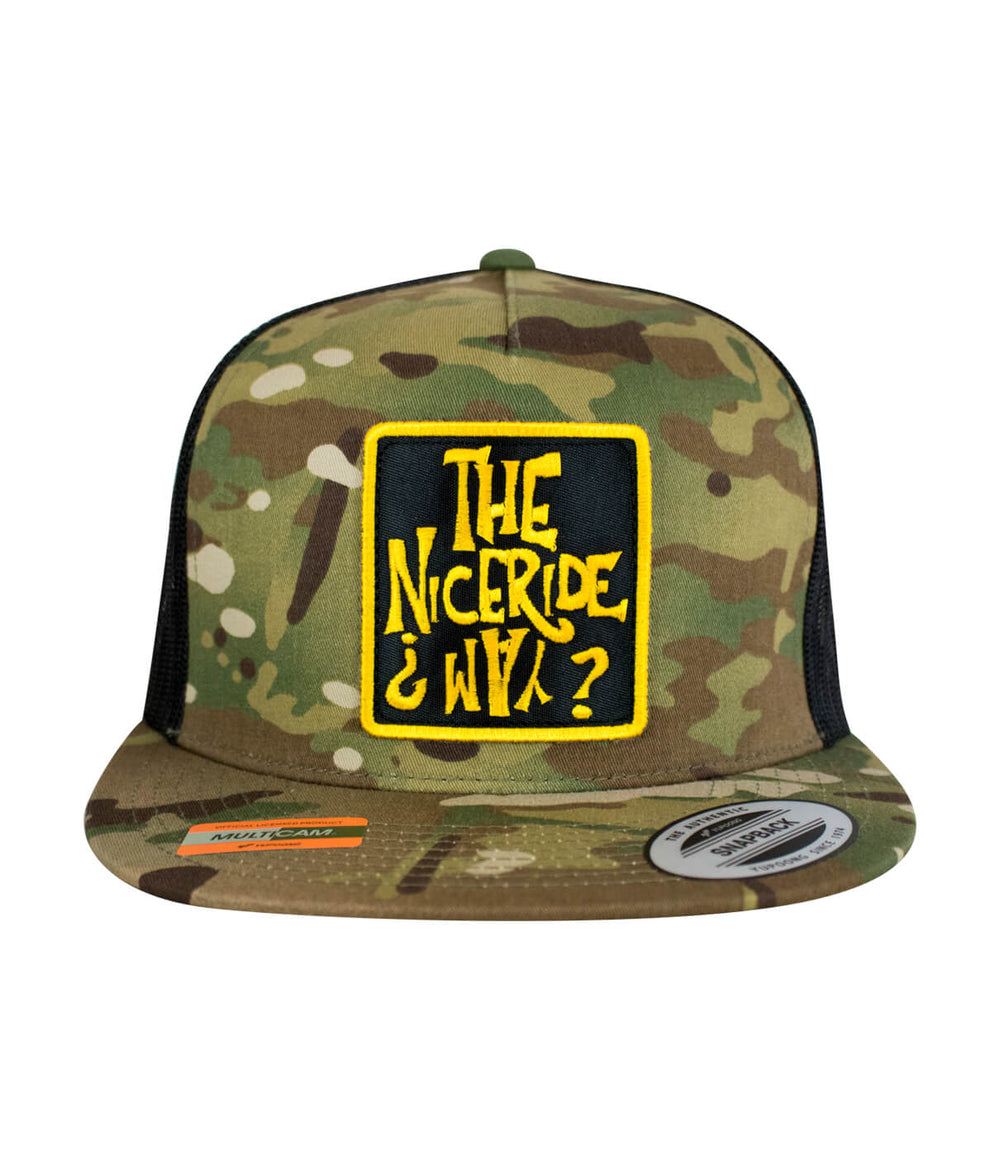 NICERIDE WAY Trucker Hat with embroidered patch on a camo snapback, perfect stylish hat for outdoor use.