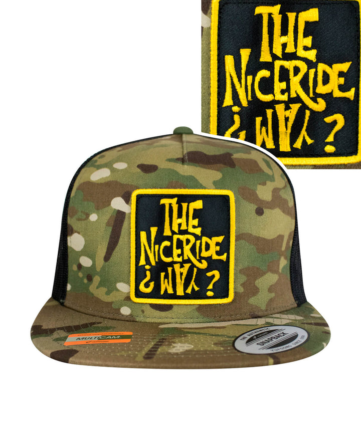 NICERIDE WAY trucker hat featuring embroidered patch on camo design, ideal hat for casual wear.