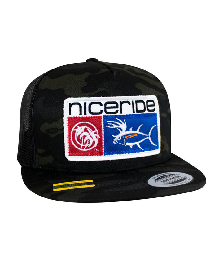 Buck-Eye Combo Patch unisex snapback trucker hat with NICERIDE logo and camouflage design.