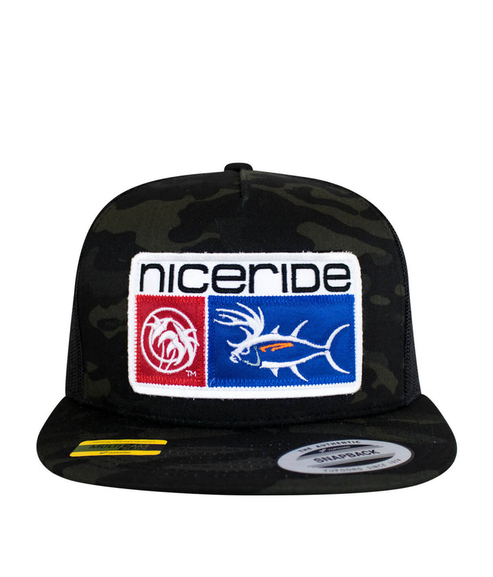 Black camo snapback trucker hat with NICERIDE&