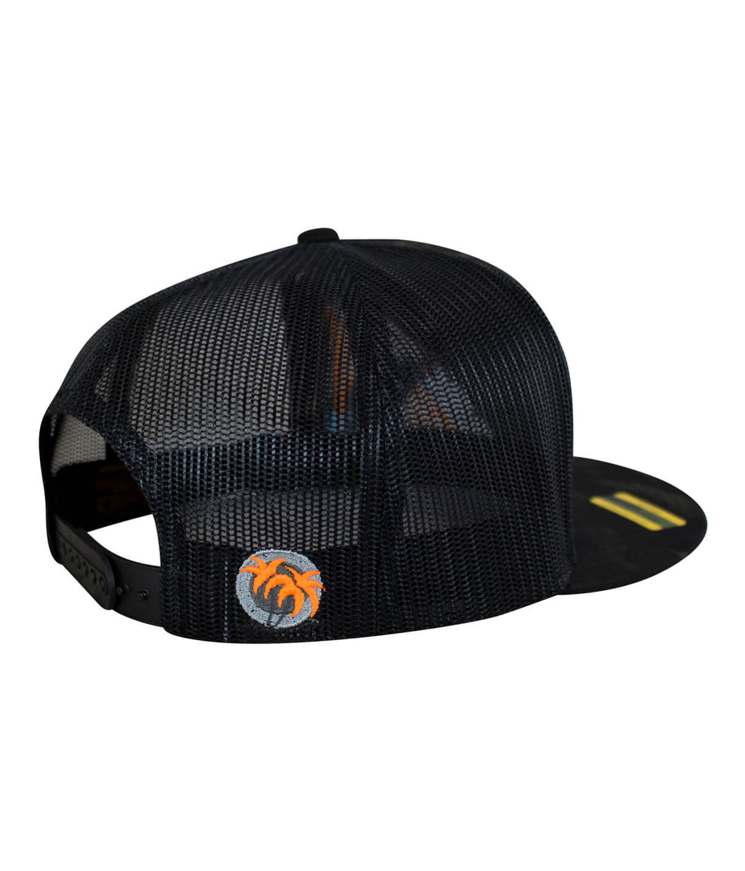 Back view of a Fin, Set, Sail trucker hat featuring black mesh and an orange palm logo on the side, perfect hat for outdoor activities.