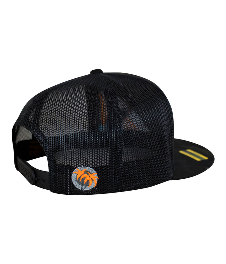 Back view of a Fin, Set, Sail trucker hat featuring black mesh and an orange palm logo on the side, perfect hat for outdoor activities.