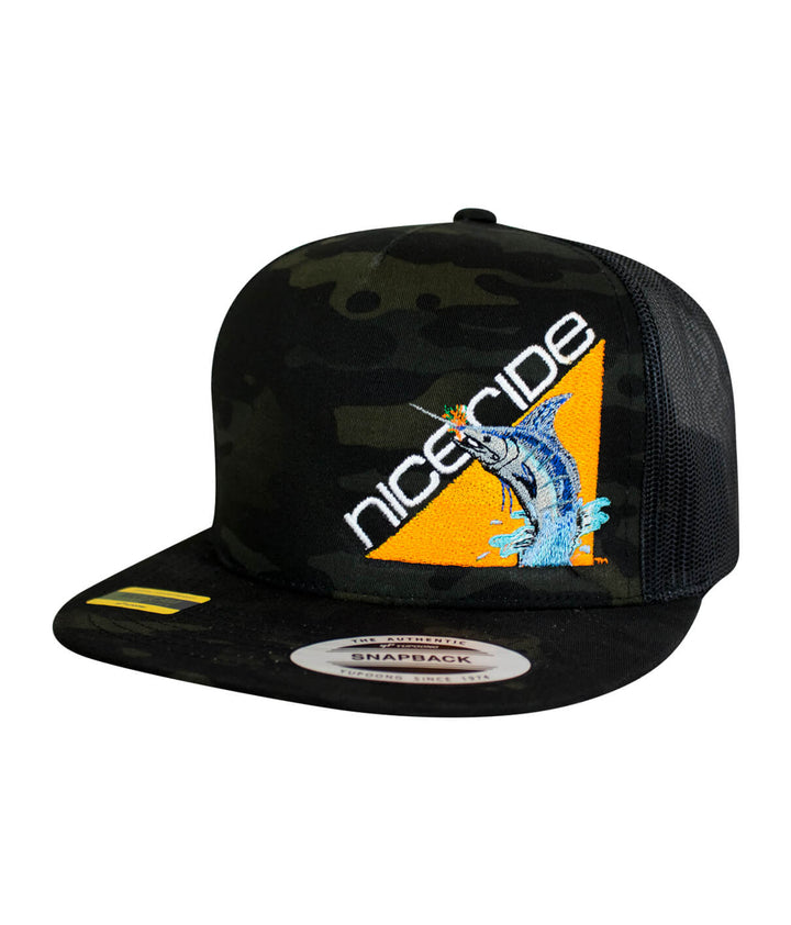 Fin, Set, Sail Trucker Hat featuring NICERIDE design and logo, classic snapback style baseball cap.
