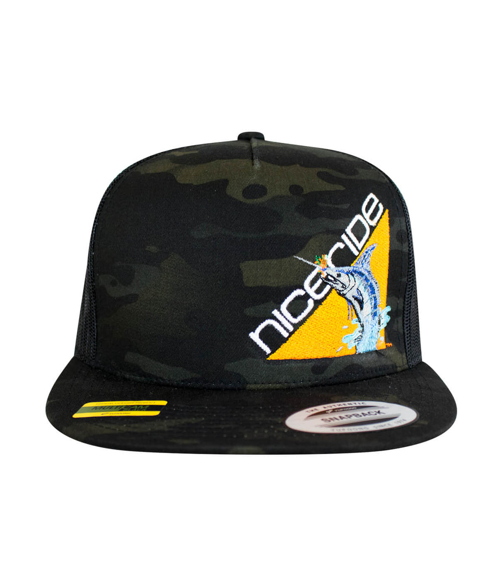 Fin, Set, Sail Trucker Hat featuring NICERIDE design on a black camo snapback cap.
