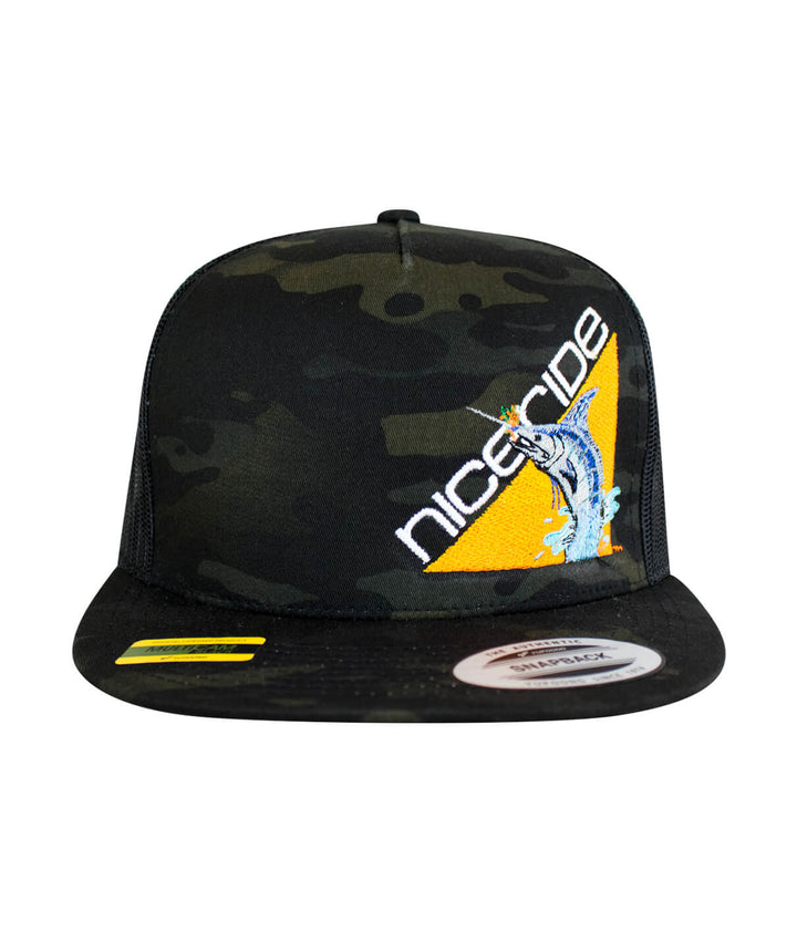 Fin, Set, Sail Trucker Hat featuring NICERIDE design on a black camo snapback cap.