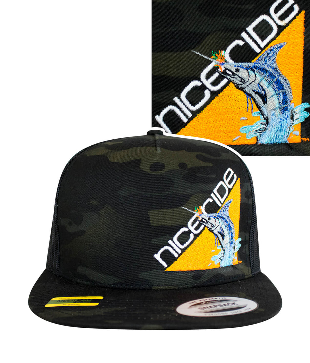Fin, Set, Sail hat featuring embroidered design and classic palm logo on a camo trucker cap.