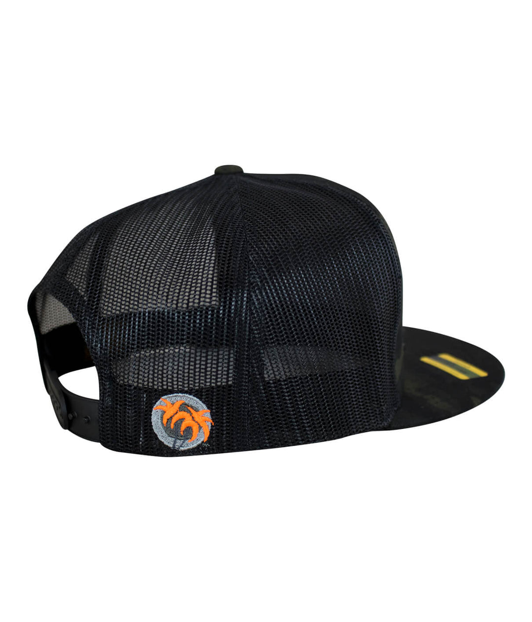Back view of Sorry Charlie Patch trucker hat showing black mesh and palm logo with orange leaves design.